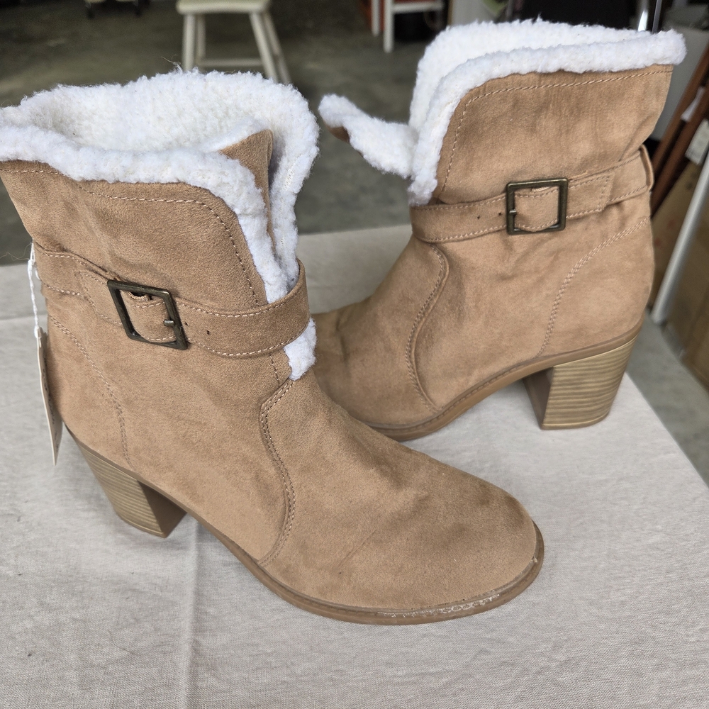 A.E. Tan Suede Ankle Boots with Faux Fur Lining